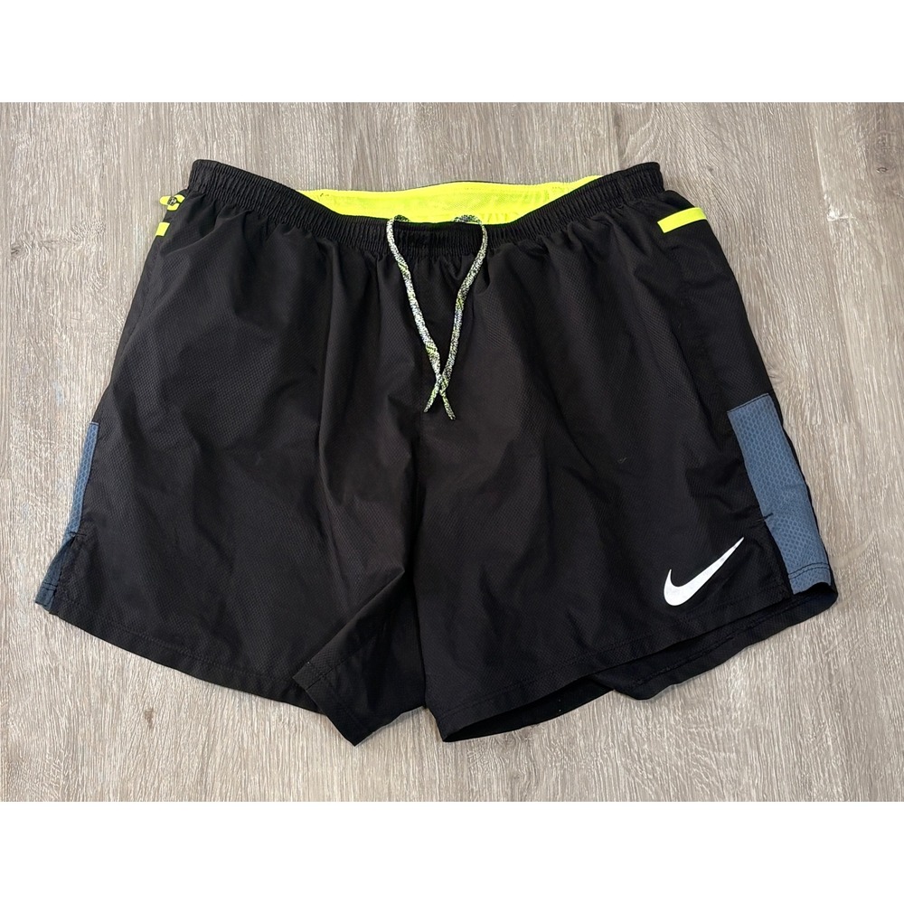 Nike Womens Running Shorts Black Neon Yellow 4 Mesh Lined Zipper‎ Pocket Size L